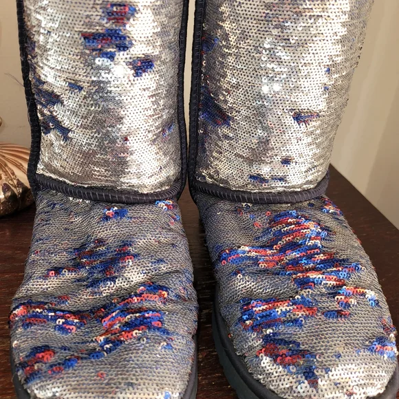 Limited edition Ugg blue orange sequin sheeling leather boots sz 7 - Picture 8 of 12